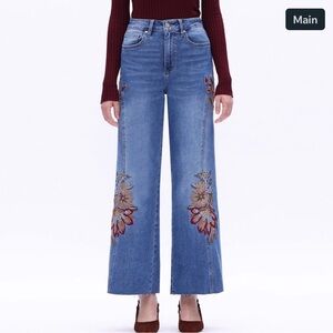 High Rise Embroidered Wide Leg Jeans with Raw Hem